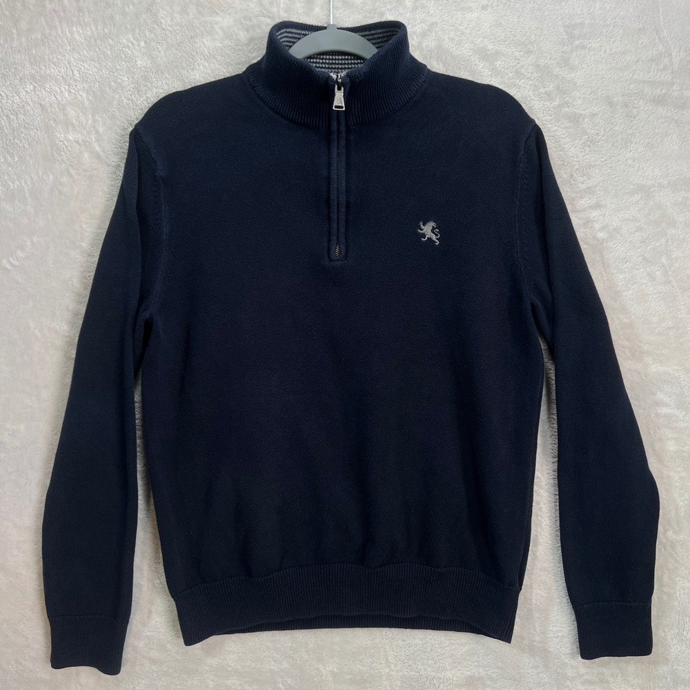 Express Mens M Navy‎ Quarter Zip Pullover Sweater 100% Cotton Knit Lion Logo